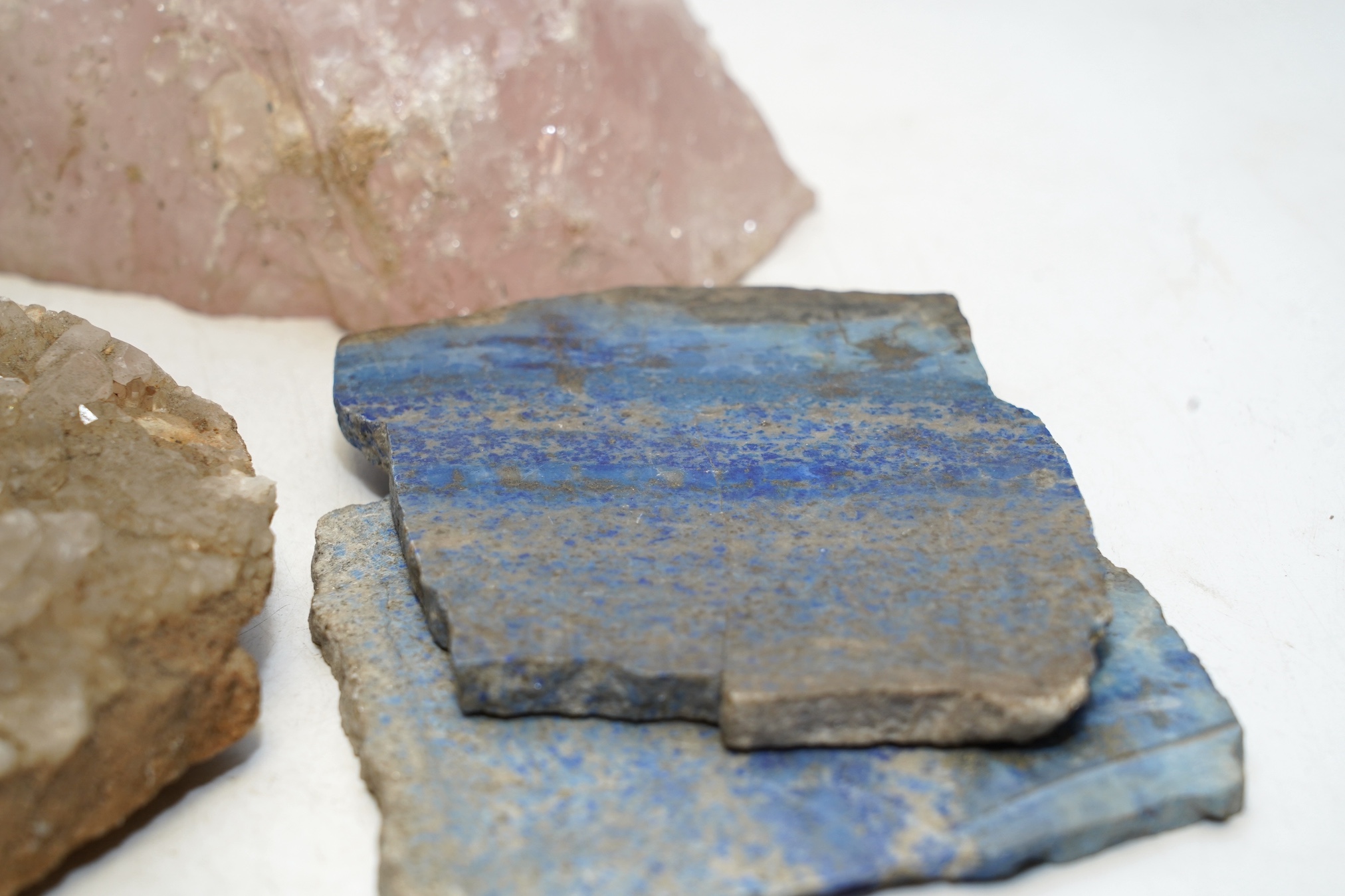 Assorted geodes including rose quartz and lapis lazuli, largest 15.5cm. Condition - fair